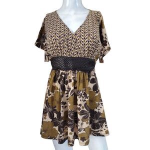 Caren Sport Blouse Women 1XL Brown Floral Short Sleeve Built-in Belt V-Neck Boho